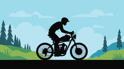 Naklejka premium Silhouette of a motorcyclist riding through a green landscape