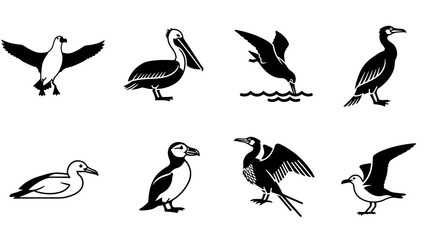 Obraz premium Stylized bird silhouettes: seabirds in flight and perched