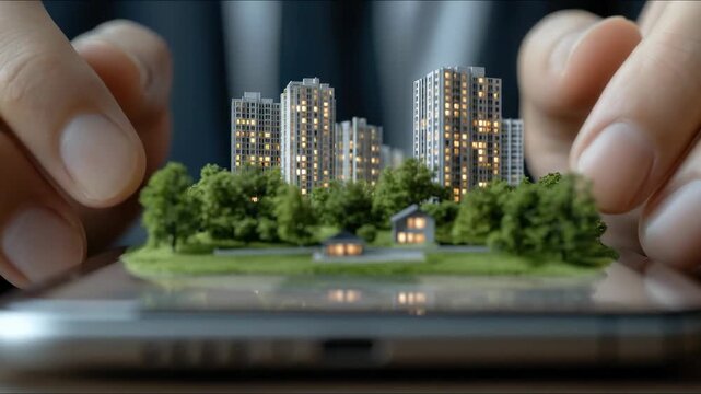 Human hands nurturing a miniature urban residential architecture layout, property development planning, future home building conceptual model on a mobile digital display, ecological community design