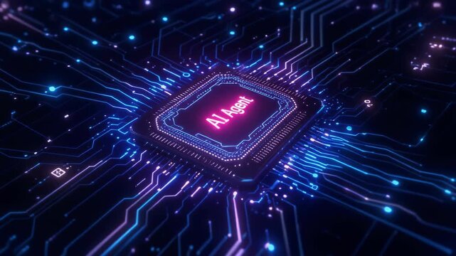 Futuristic glowing AI agent microchip with digital circuitry and technology concept background