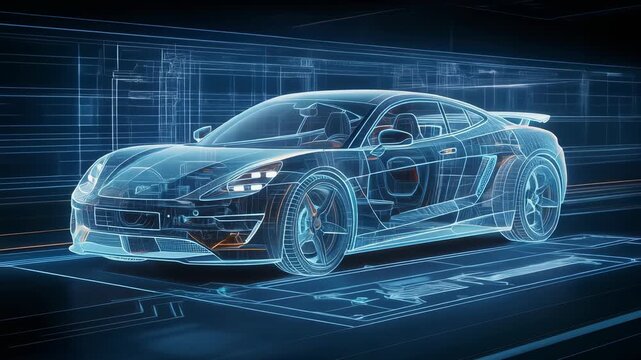 Futuristic transparent digital sports car with neon blue and orange wireframe design in high tech environment