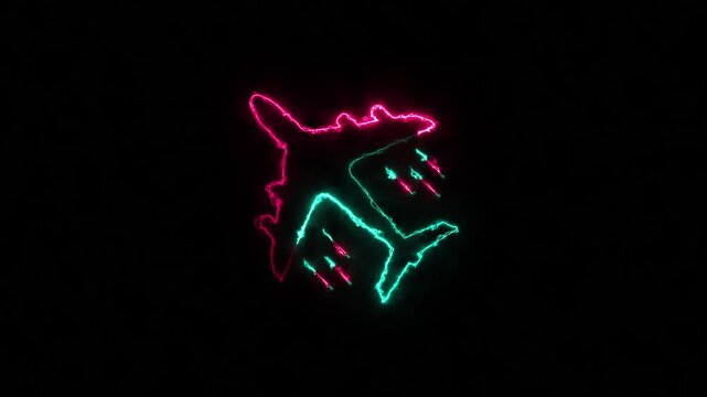 Neon airplane icon animation on black background. aircraft flight, glowing neon line motion. Spacecraft flight, space technology 4k video.