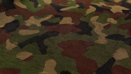 Closeup texture view of durable camouflage fabric with green brown and black irregular pattern