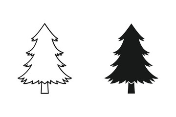 Two pine trees, one outlined and one filled, on white background vector illustration