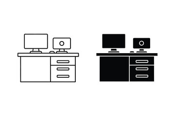 Dual computer workstation desk with monitors and drawers vector illustration