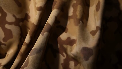 Closeup textured fabric with a brown and tan camouflage pattern and soft folds