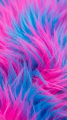 Fototapeta premium Close up vibrant pink and blue faux fur texture. Soft fluffy synthetic wool background with neon colors. Creative colorful hairy pattern for fashion design or abstract wallpaper.