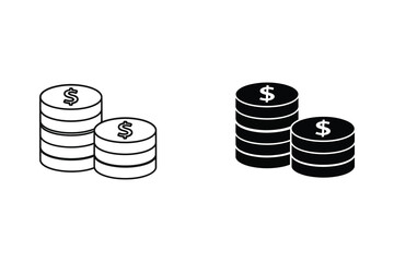 Stacks of dollar coins in black and white flat design vector illustration