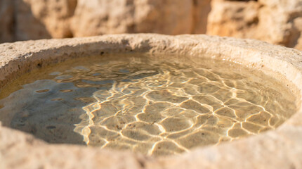 Fototapeta premium Rippling water in a rustic ancient stone bowl basin outdoors on a sunny day with natural light reflections creating golden caustic patterns