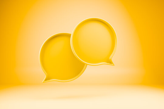 Two golden speech bubbles on a yellow background