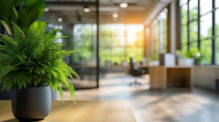 Fototapeta premium A potted green plant sits on a wooden desk in a modern office with large windows and a blurred background.