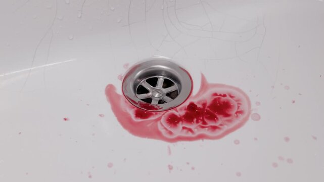 Drops of bright red blood splatter onto the white ceramic sink and are quickly rinsed down the metal drain by flowing water. Concept of cleaning up an injury, bleeding gums, or evidence removal
