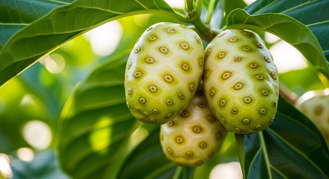 Ripe noni fruits hanging on tree branch with green leaves in sunlight, exotic tropical food for healthy eating and natural remedies