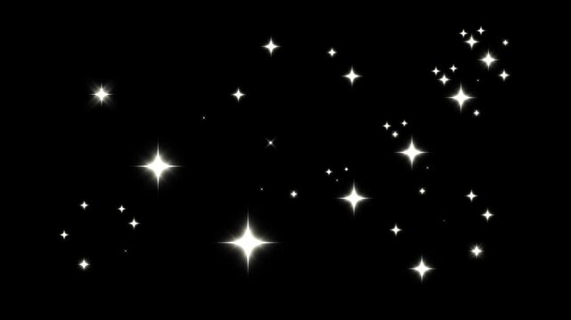 Glittering star trail animation with luxury white pixie dust sparkling line paths and twinkling cartoon stars creating an elegant magic dust motion effect isolated on a black screen background in 4k