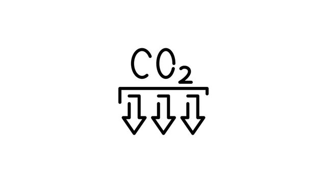 Animated CO2 icon with downward arrows 4k video. Carbon dioxide emission reduction and climate change mitigation animated icons. Black and white icon with transparent background