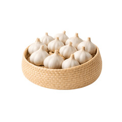 Fresh white garlic bulbs in a woven basket isolated on transparent background