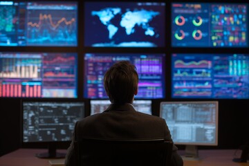 Naklejka premium Stock market analyst watching multiple digital screens displaying financial charts, maps and big data, concept for financial strategy, control center operations and global surveillance