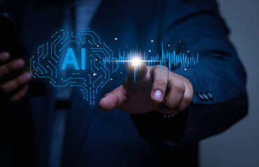 Businessman touching virtual AI brain with sound wave frequency. Concept of voice recognition, speech assistant, and natural language processing technology.