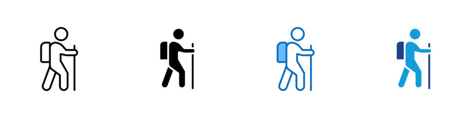 Hiking Traveler Multiple Style Icon Design Vector - Hiker with backpack and walking stick representing trekking activity, outdoor adventure, and travel exploration © sahila