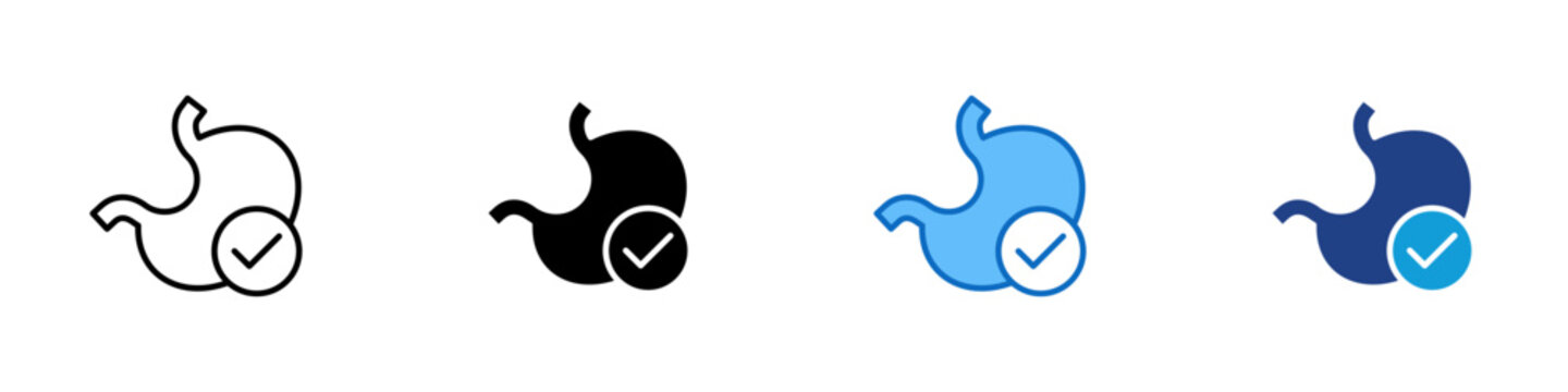 Healthy Stomach Multiple Style Icon Design Vector - Stomach with check mark representing digestive health, medical approval, and gut wellness care