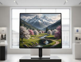 Fototapeta premium A Modern Television Screen Or Monitor Standing On A Display Stand In A Store Showroom
