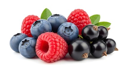 A vibrant mix of assorted berries including ripe raspberries, blueberries, and blackcurrants arranged together with leaves on a clean white surface from a front viewpoint.