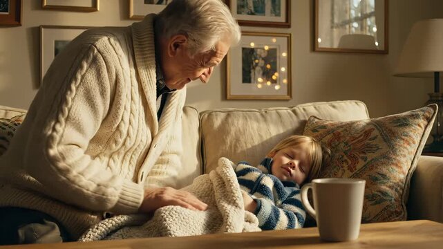 Grandfather covers sleeping child with blanket. Caring grandfather tucks in sleeping grandchild on sofa. Senior man covers child with blanket. Grandfather watches sleeping kid. Family love at home.
