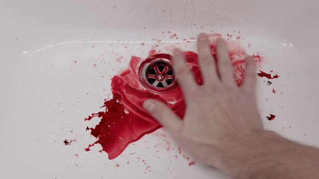 A pale hand touches and smears a pool of bright red blood around the drain of a white ceramic basin. Concept of crime scene evidence tampering, murder investigation, or horror movie suspense