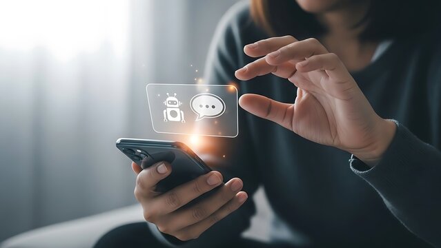 Woman holding smartphone with robot and chat icons floating above screen in bright room