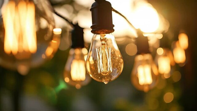 String bulb string lights glowing warmly at sunset, cinematic shot, bokeh background, outdoor party ambiance, festive decoration concept