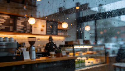 Fototapeta premium A blurred background of a coffee shop window with rain droplets.