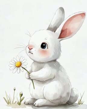 A cute, illustrated white rabbit happily holding a daisy, exuding a sense of innocence and joy in a whimsical, soft-colored design. cute video
