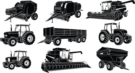 Agricultural farm icons set featuring barns silos windmills tractors combine harvesters farmers livestock and industrial machinery for rural organic farming industry design projects © Creative Mind
