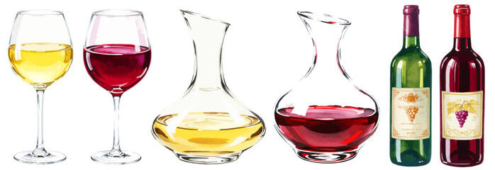 赤ワインと白ワインのグラスとデキャンタのイラストセット