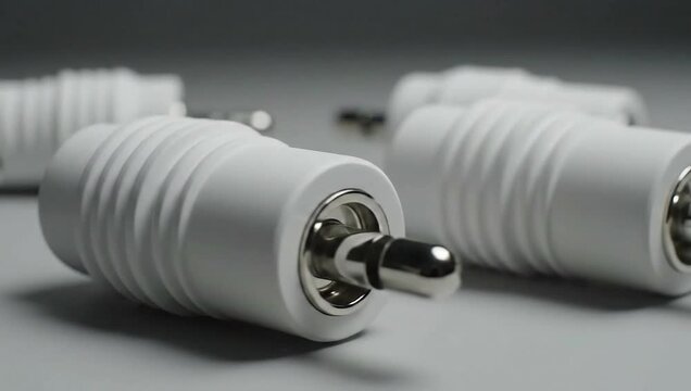 Close-up of White RCA Connectors on a Gray Surface.