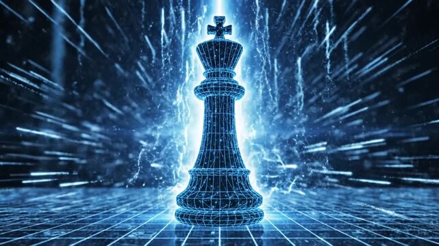 Abstract digital chess king illuminated with light trails on grid background