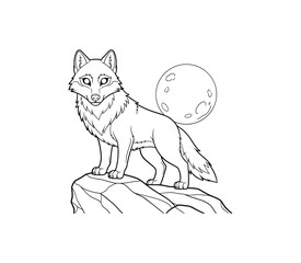 Fototapeta premium Wolf under moonlight: black and white line art of lone wolf on rocky terrain