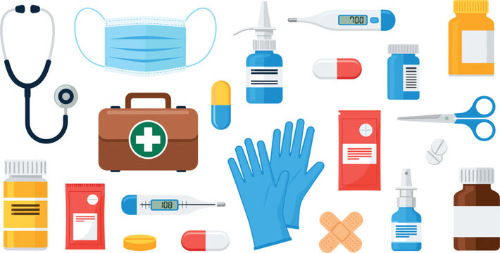 Medical Equipment and First Aid Icon Set Including Mask, Gloves, Medicine, Syringe, and Healthcare Tools for Hospital and Emergency Designs