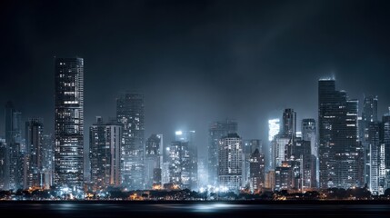 hyper realistic city skyline at night with majority of buildings lights turned off, few illuminated landmarks visible, Earth Hour concept