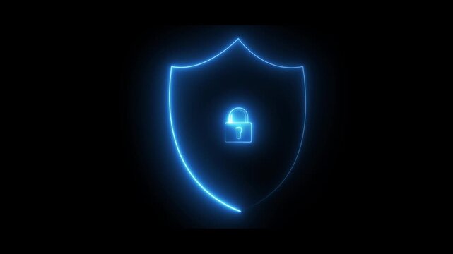 Blue neon glowing shield with lock animation symbolizing cyber security, privacy and data protection. Perfect for apps, websites, fintech and UI overlays in 4K with transparent alpha background.