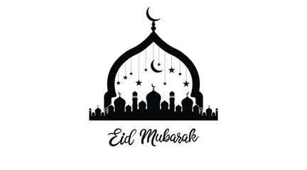 Eid mubarak calligraphy with mosque dome silhouette, crescent moon and hanging stars