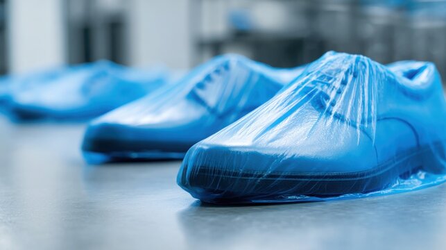 hyper realistic close up of shoes covered with blue disposable shoe covers, clean indoor facility floor, hygiene and contamination control concept