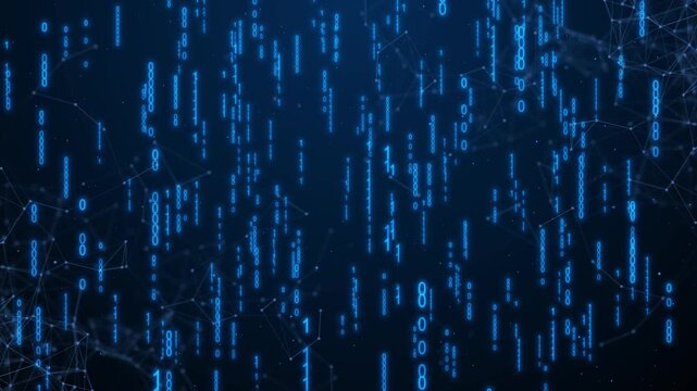 Abstract digital background with flowing lines and binary code.