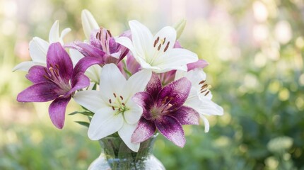 Obraz premium Fresh lilies in a vase at a garden during daylight hours with green plants in the background