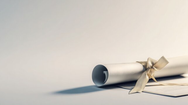 hyper realistic diploma certificate with ribbon on clean table, symbol of achievement and certification, soft studio lighting, minimal background