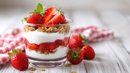 Strawberry layered cream with granola and fresh strawberries in glass on wooden background in bright light setting