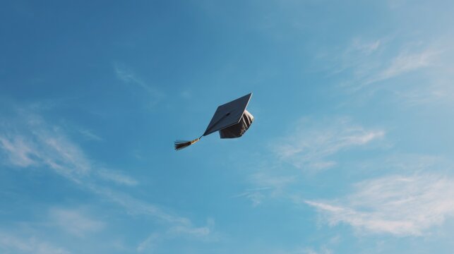hyper realistic graduation cap thrown into the air, clear blue sky background, symbol of success and completion, minimal composition, strong space