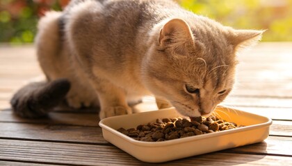 Cat Eating from Food Bowl on Wooden Surface with Natural Light