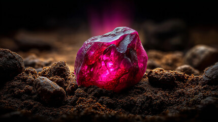 Rubis brut non taill&eacute; reposant sur un sol de terre. Un fin rayon de lumi&egrave;re frappe la pierre, r&eacute;v&eacute;lant son &eacute;clat rouge