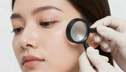 Close-Up Skin Examination with Magnifying Glass on Model